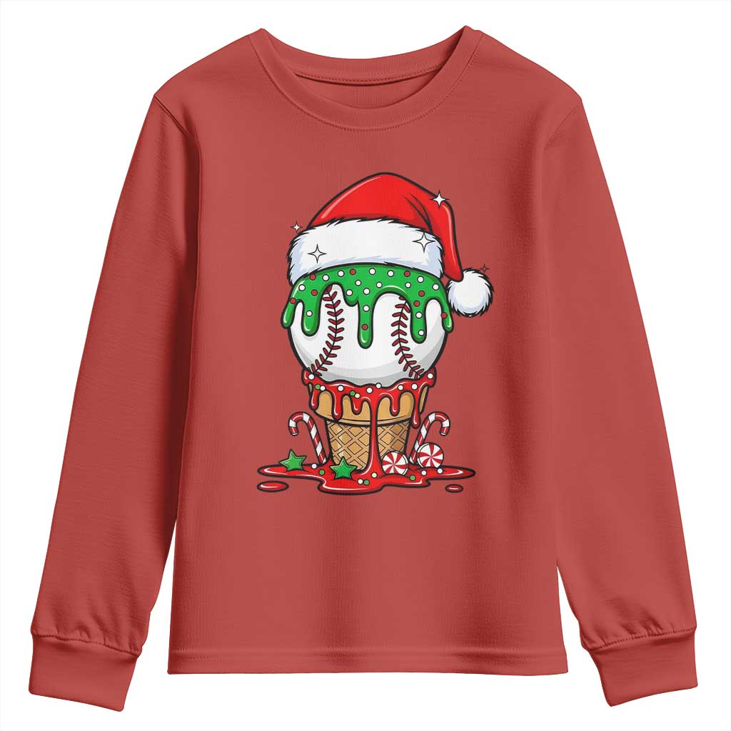 Cute Baseball Christmas Icecream Dripping Youth Sweatshirt Holiday Ice Cream Cone with Santa Hat TS02 Red Print Your Wear