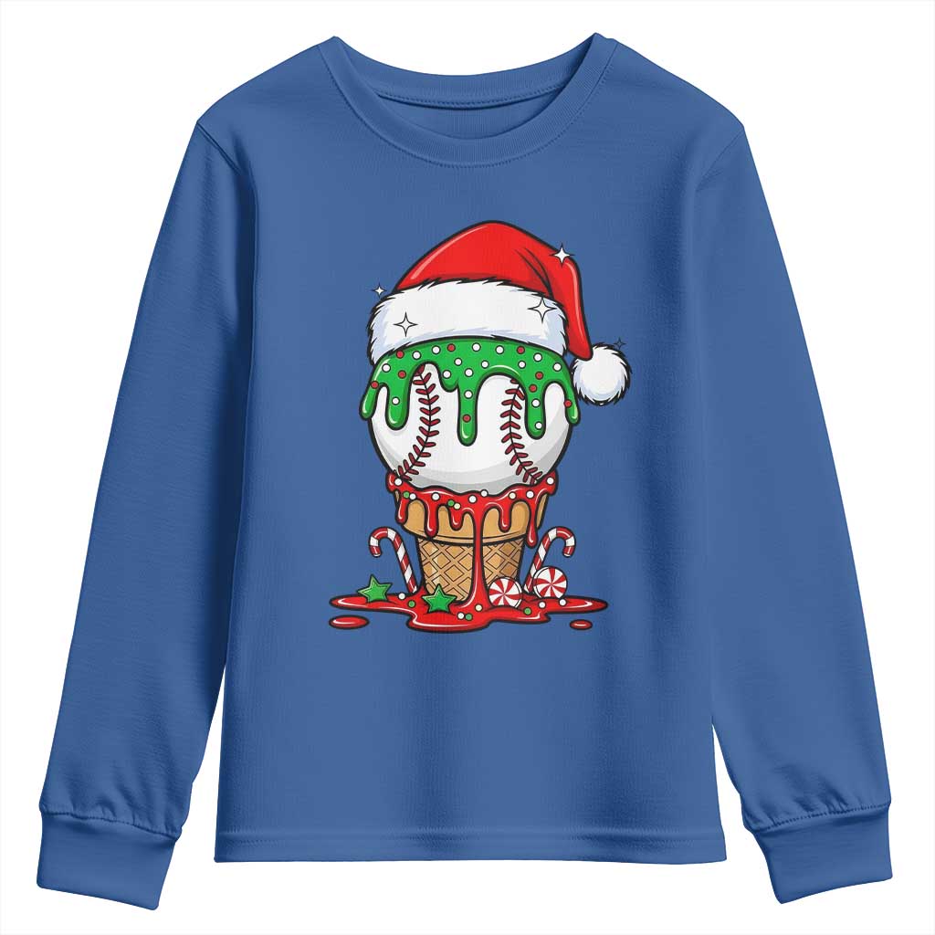 Cute Baseball Christmas Icecream Dripping Youth Sweatshirt Holiday Ice Cream Cone with Santa Hat TS02 Royal Blue Print Your Wear