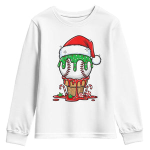 Cute Baseball Christmas Icecream Dripping Youth Sweatshirt Holiday Ice Cream Cone with Santa Hat TS02 White Print Your Wear