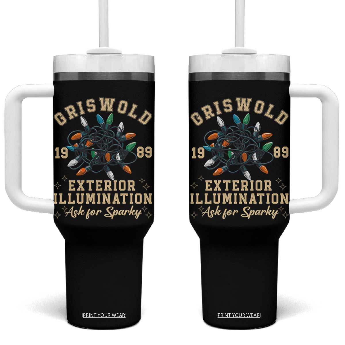 Griswold Christmas Lights Tumbler With Handle Exterior Illumination Ask for Sparky Funny Holiday TS02 One Size: 40 oz Black Print Your Wear