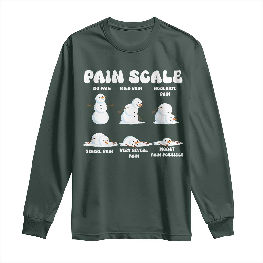 Funny Snowman Pain Scale Christmas Long Sleeve Shirt Melting Snowman Holiday Humor TS02 Dark Forest Green Print Your Wear