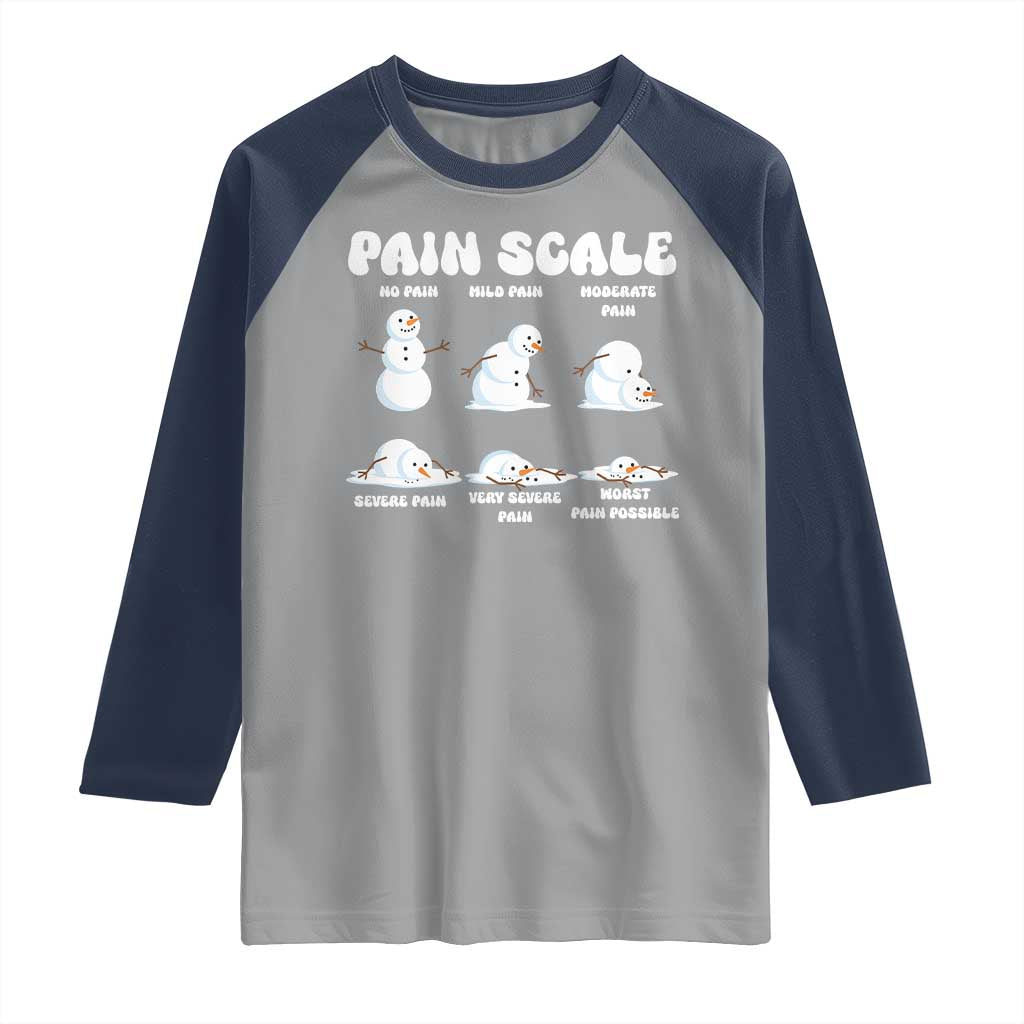 Funny Snowman Pain Scale Christmas Raglan Shirt Melting Snowman Holiday Humor TS02 Sport Gray Navy Print Your Wear