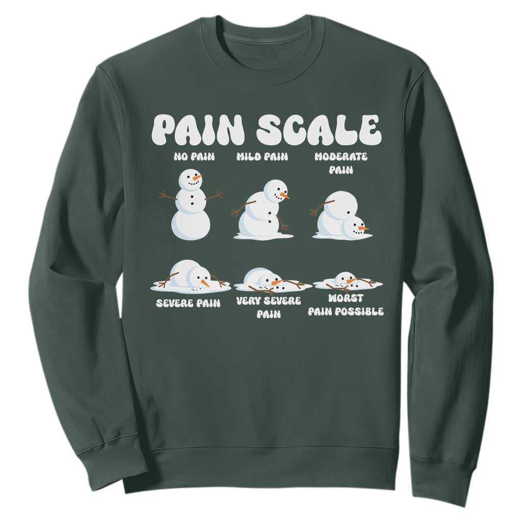 Funny Snowman Pain Scale Christmas Sweatshirt Melting Snowman Holiday Humor TS02 Dark Forest Green Print Your Wear