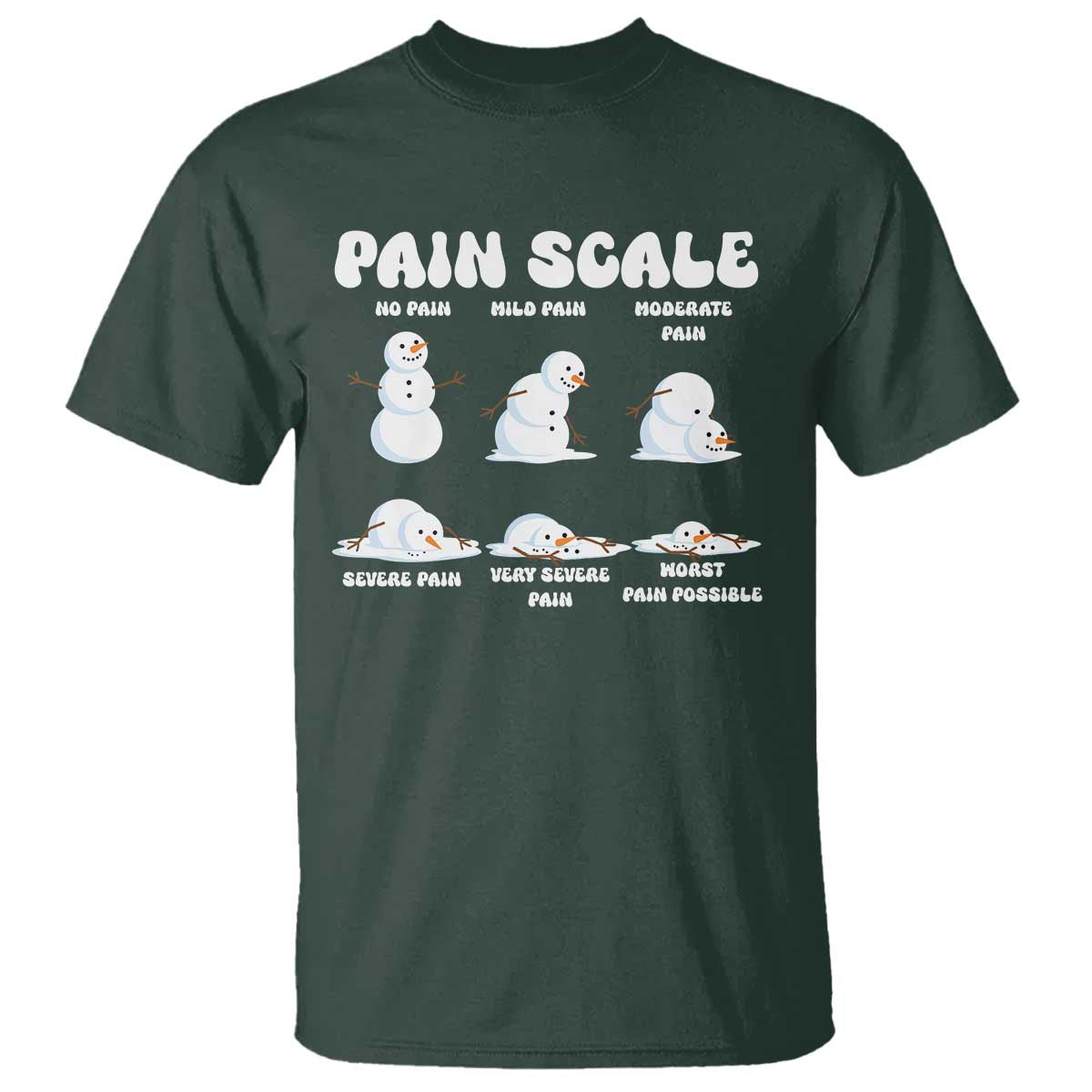 Funny Snowman Pain Scale Christmas T Shirt Melting Snowman Holiday Humor TS02 Dark Forest Green Print Your Wear