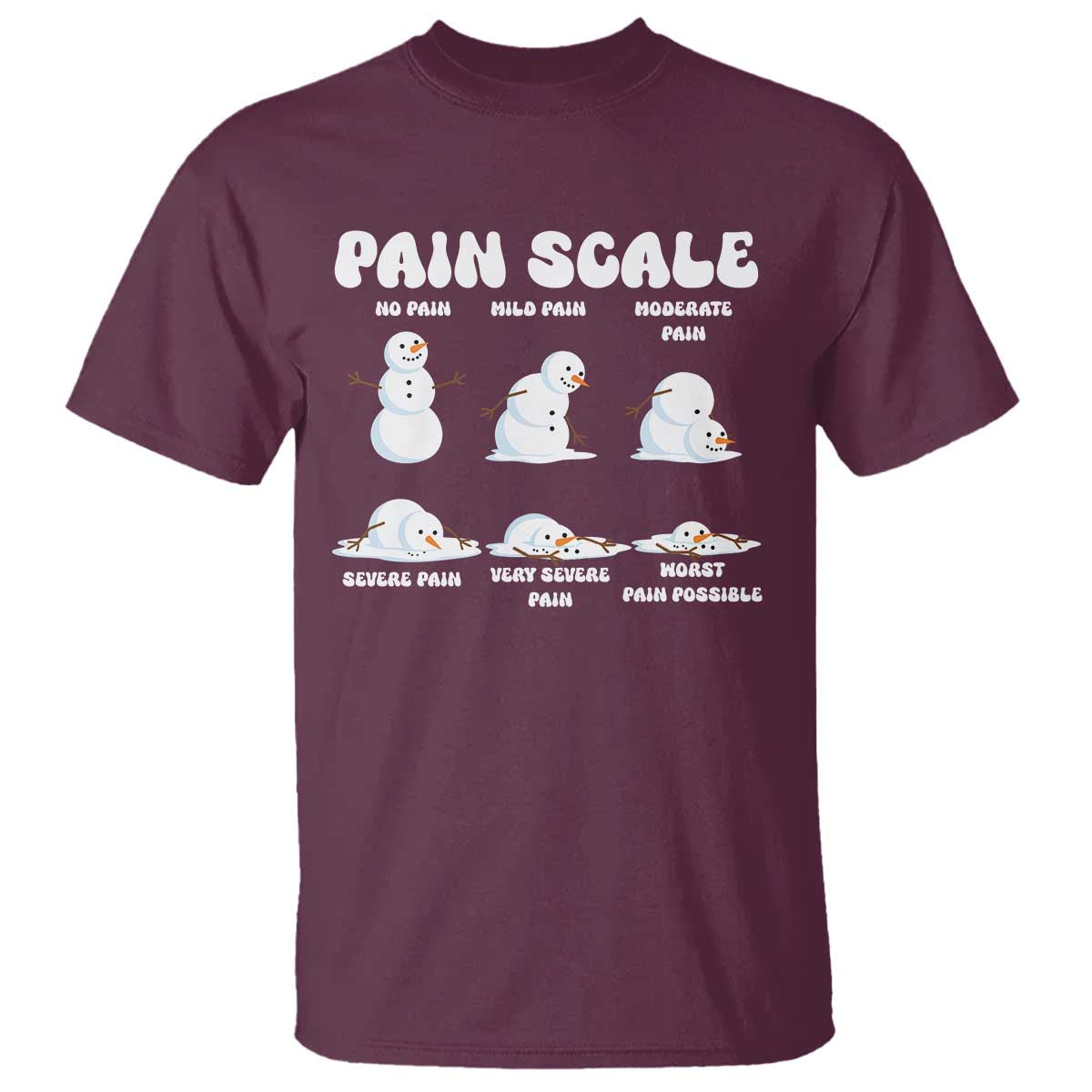 Funny Snowman Pain Scale Christmas T Shirt Melting Snowman Holiday Humor TS02 Maroon Print Your Wear