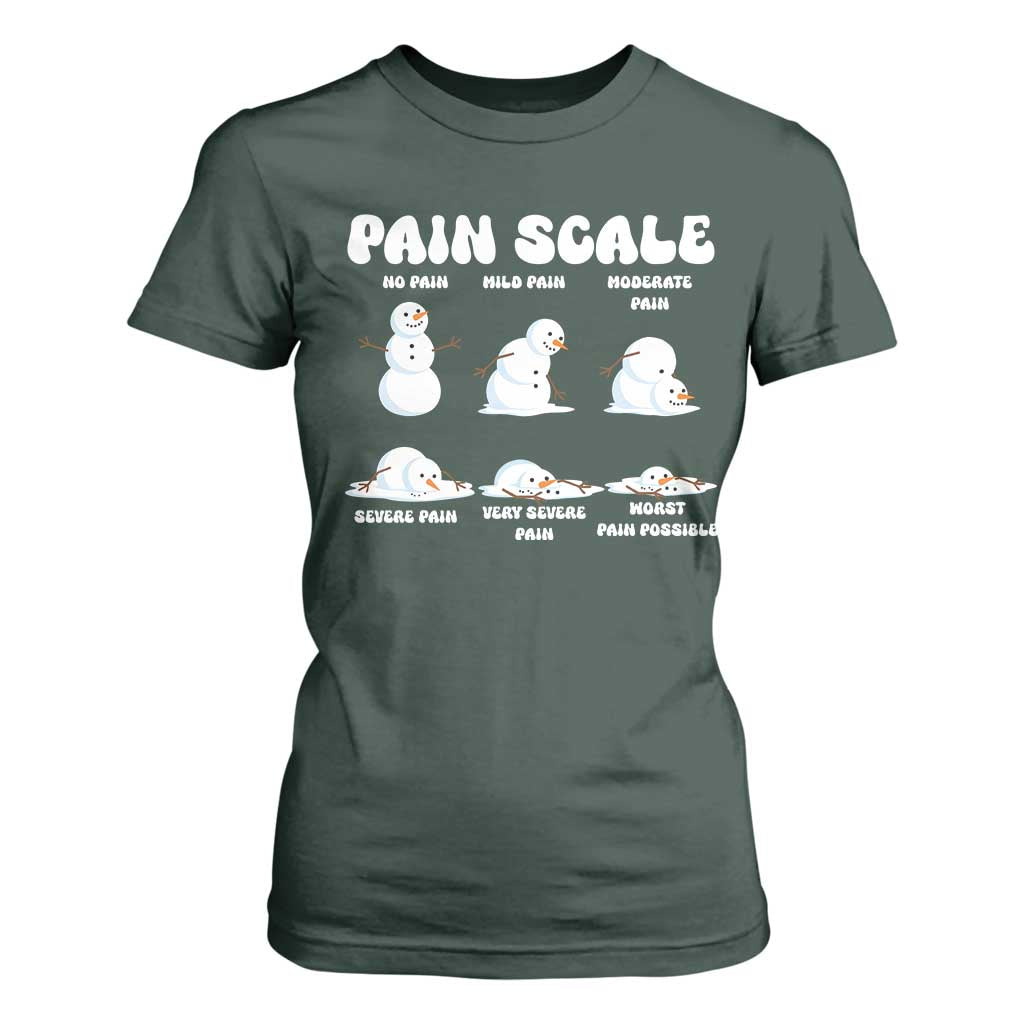 Funny Snowman Pain Scale Christmas T Shirt For Women Melting Snowman Holiday Humor TS02 Dark Forest Green Print Your Wear