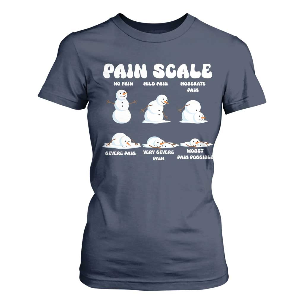 Funny Snowman Pain Scale Christmas T Shirt For Women Melting Snowman Holiday Humor TS02 Navy Print Your Wear