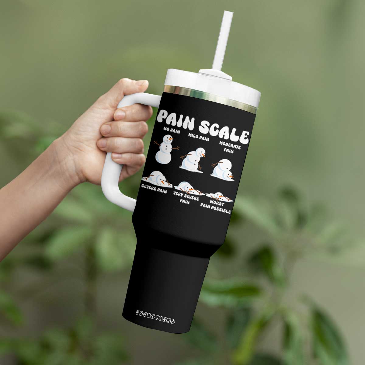 Funny Snowman Pain Scale Christmas Tumbler With Handle Melting Snowman Holiday Humor TS02 Print Your Wear