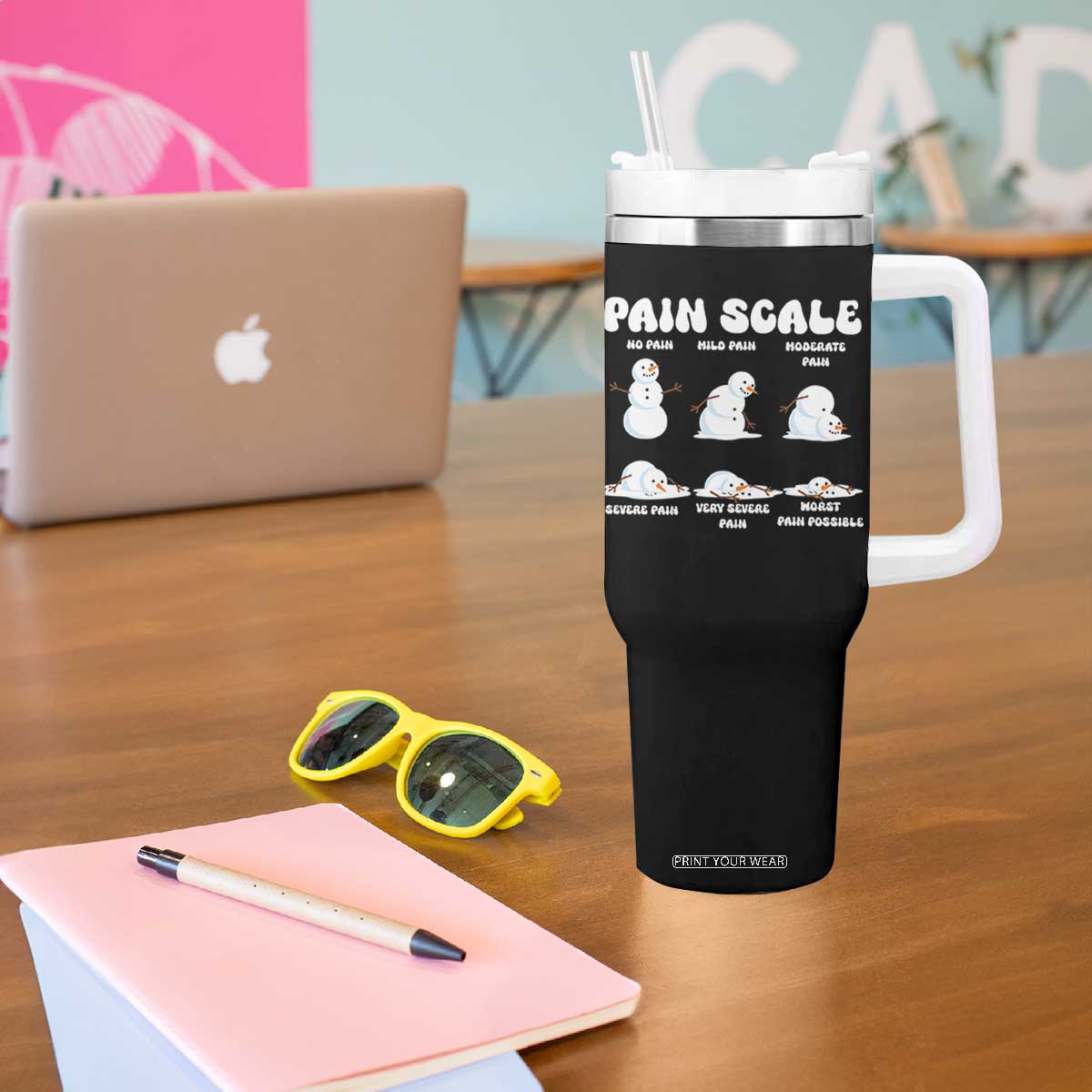 Funny Snowman Pain Scale Christmas Tumbler With Handle Melting Snowman Holiday Humor TS02 Print Your Wear