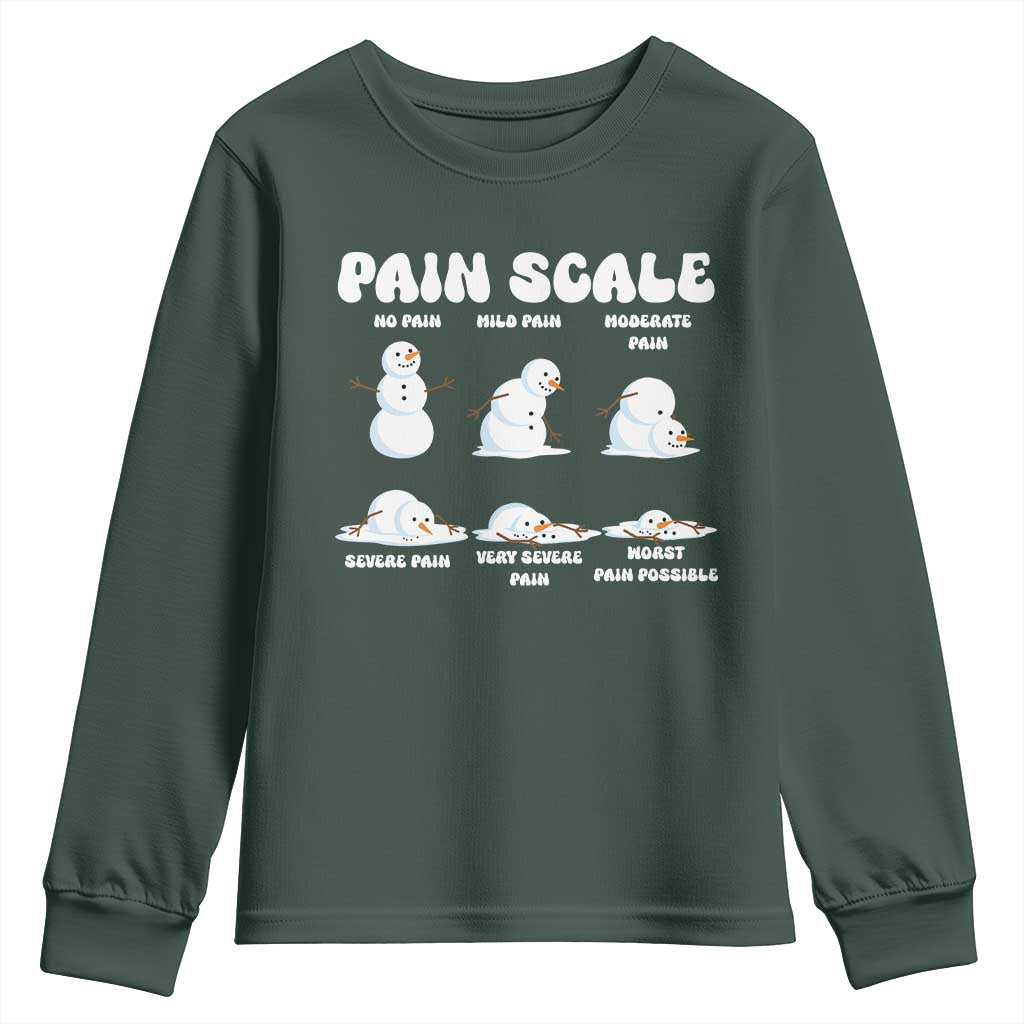 Funny Snowman Pain Scale Christmas Youth Sweatshirt Melting Snowman Holiday Humor TS02 Dark Forest Green Print Your Wear