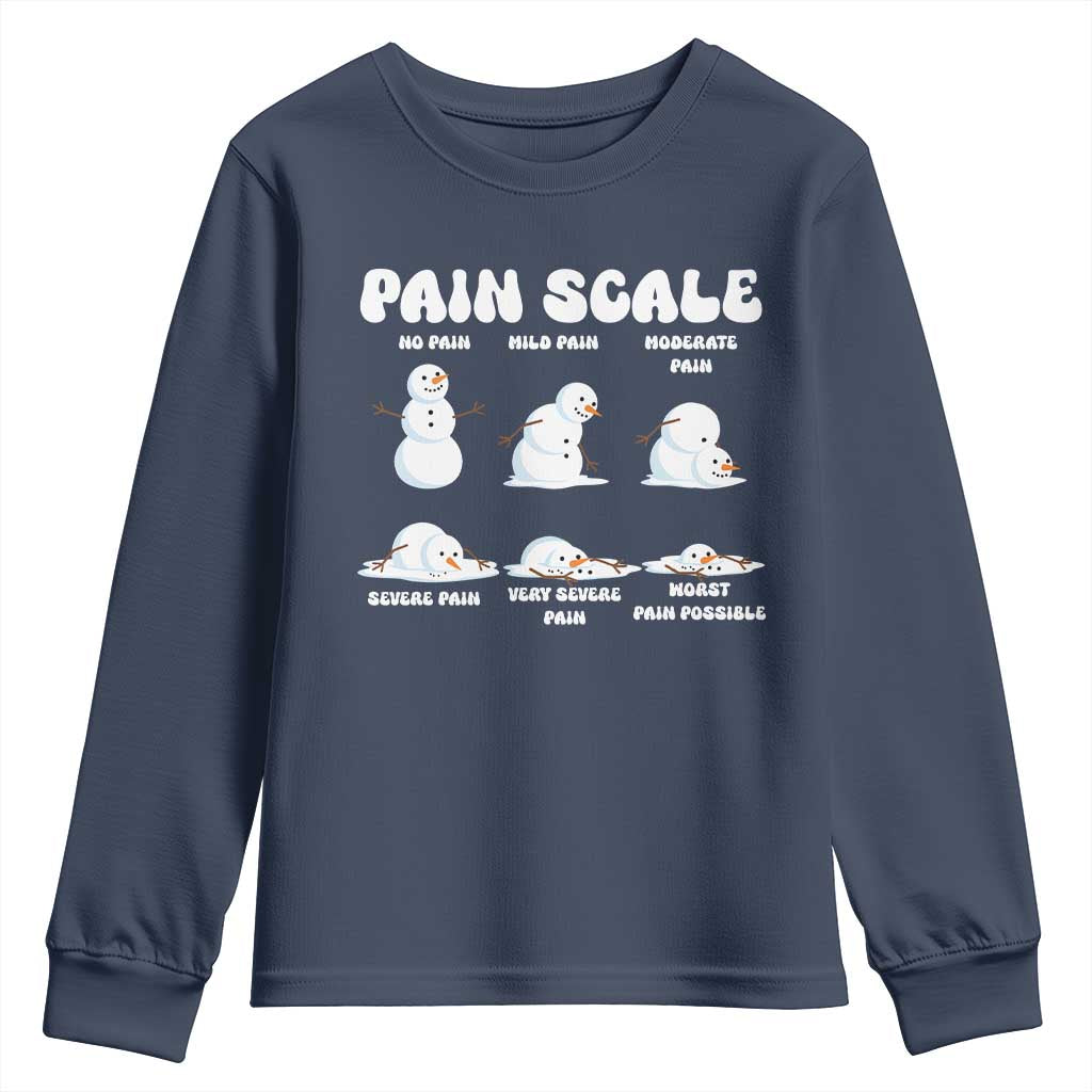 Funny Snowman Pain Scale Christmas Youth Sweatshirt Melting Snowman Holiday Humor TS02 Navy Print Your Wear
