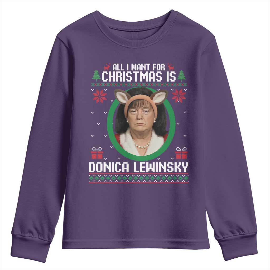 All I Want for Christmas Is Donica Lewinsky Youth Sweatshirt Funny Holiday Trump Meme Political Roast Season TS02 Purple Print Your Wear