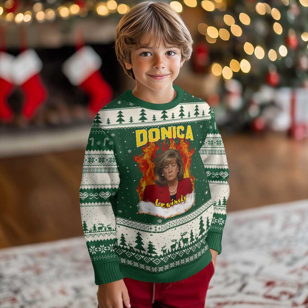 Donica Lewinsky Fire Trump Meme Ugly Christmas Sweater Viral Scandal Parody Political Roast Vibes TS02 Forest Green Beige Print Your Wear