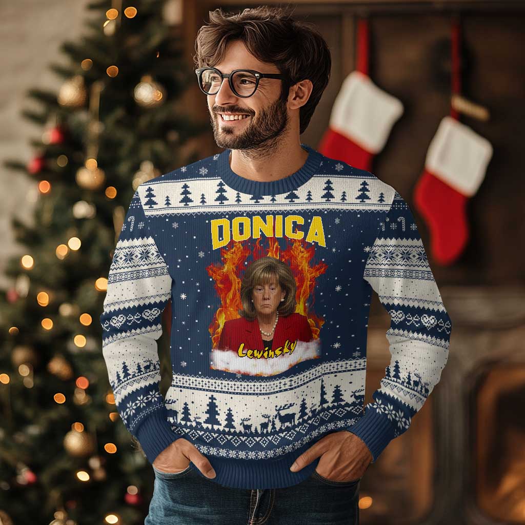 Donica Lewinsky Fire Trump Meme Ugly Christmas Sweater Viral Scandal Parody Political Roast Vibes TS02 Navy Beige Print Your Wear