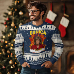 Donica Lewinsky Fire Trump Meme Ugly Christmas Sweater Viral Scandal Parody Political Roast Vibes TS02 Navy Beige Print Your Wear
