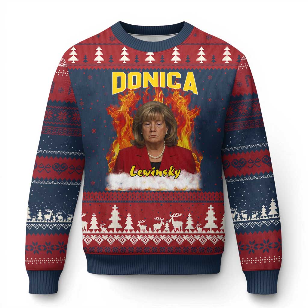 Donica Lewinsky Fire Trump Meme Ugly Christmas Sweater Viral Scandal Parody Political Roast Vibes TS02 Navy Red Print Your Wear
