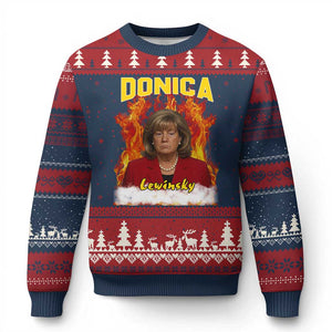 Donica Lewinsky Fire Trump Meme Ugly Christmas Sweater Viral Scandal Parody Political Roast Vibes TS02 Navy Red Print Your Wear