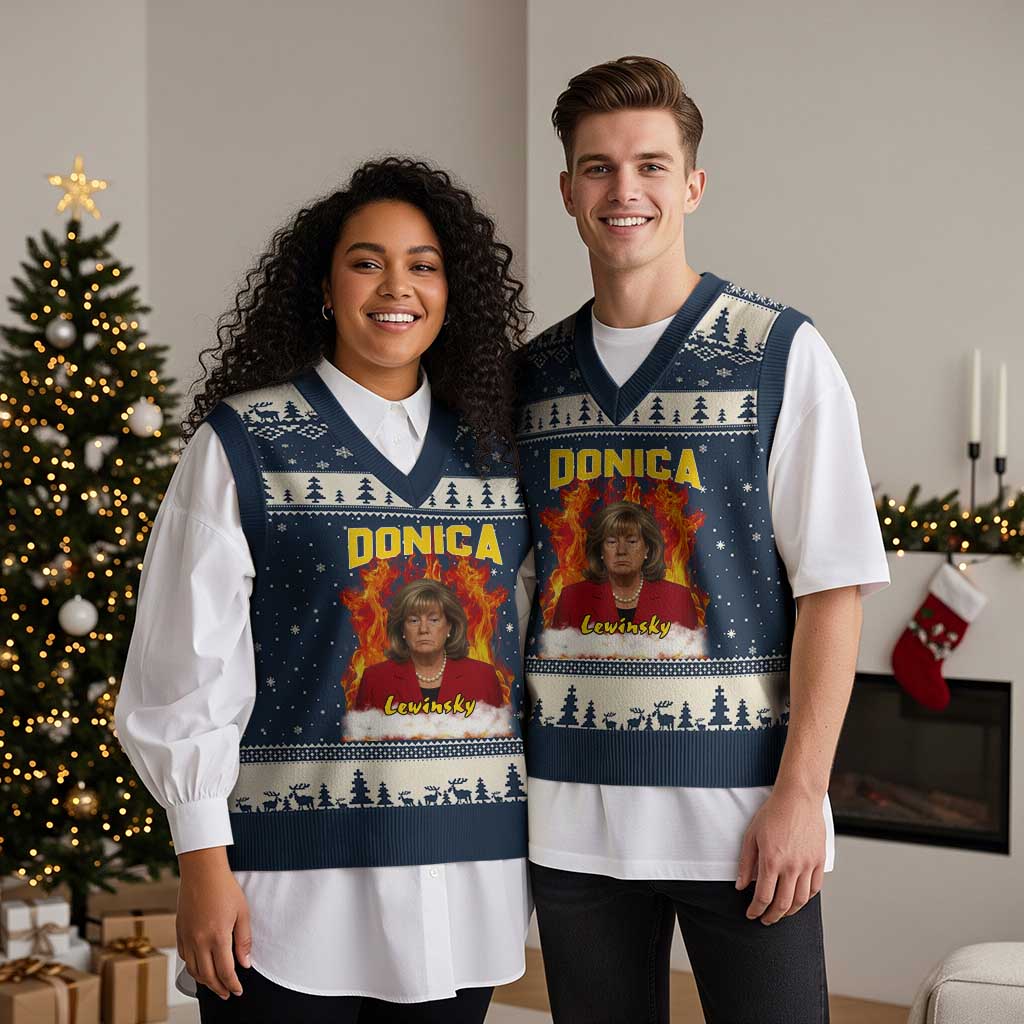 Donica Lewinsky Fire Trump Meme V-Neck Knit Sweater Vest Viral Scandal Parody Political Roast Vibes TS02 Navy Beige Print Your Wear
