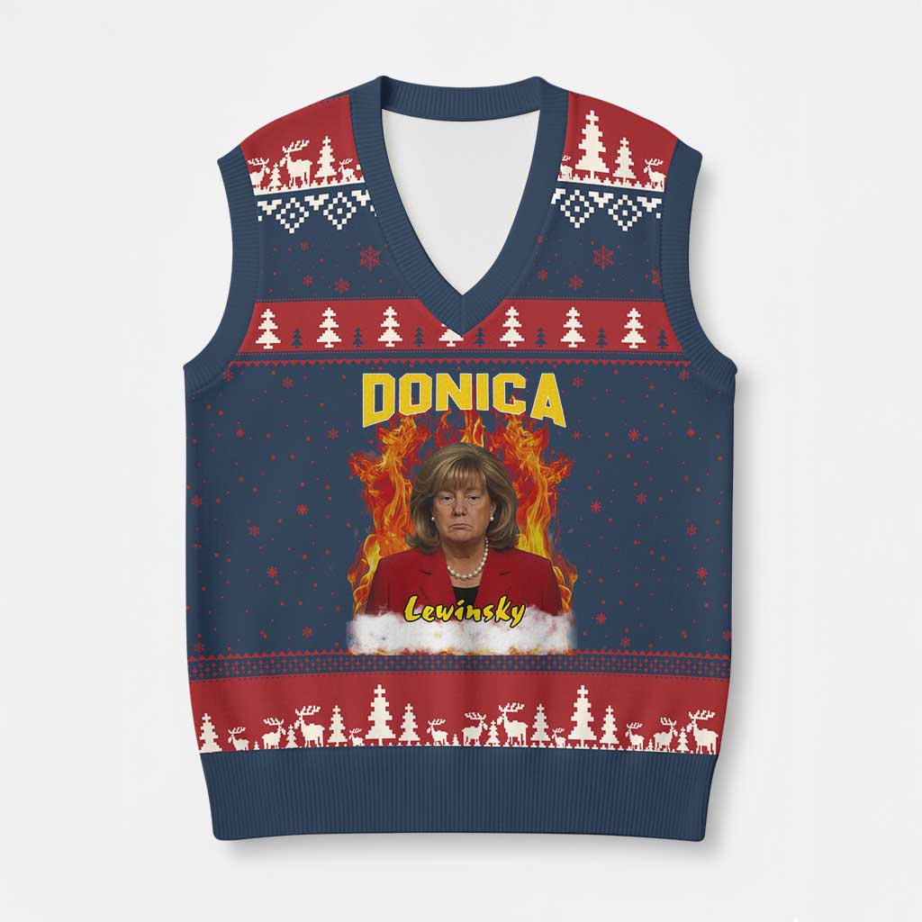 Donica Lewinsky Fire Trump Meme V-Neck Knit Sweater Vest Viral Scandal Parody Political Roast Vibes TS02 Navy Red Print Your Wear