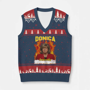 Donica Lewinsky Fire Trump Meme V-Neck Knit Sweater Vest Viral Scandal Parody Political Roast Vibes TS02 Navy Red Print Your Wear