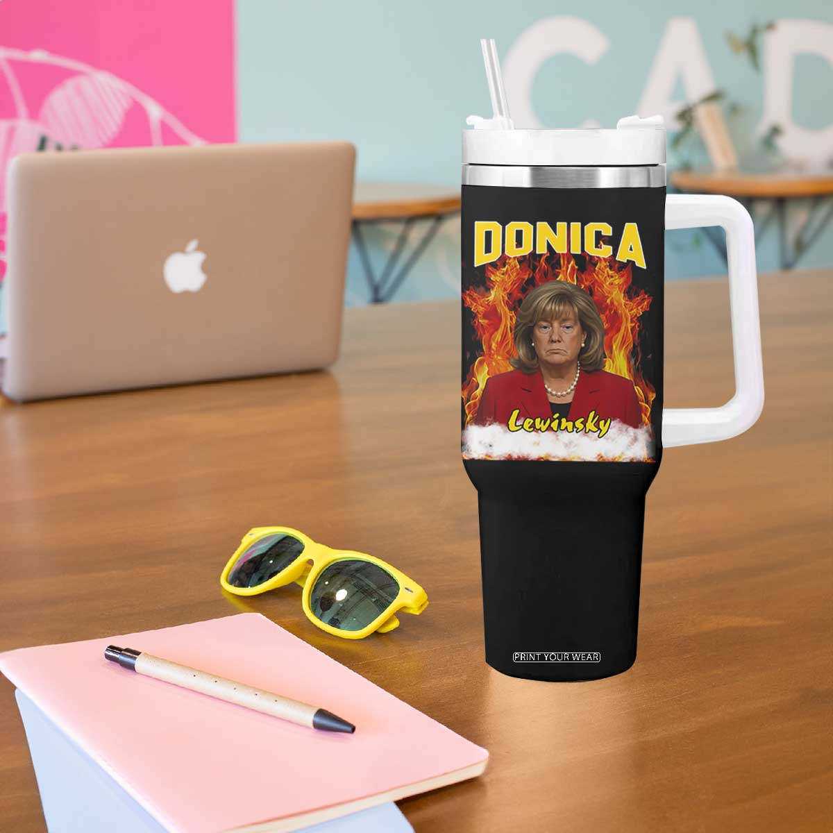 Donica Lewinsky Fire Trump Meme Tumbler With Handle Viral Scandal Parody Political Roast Vibes TS02 Print Your Wear