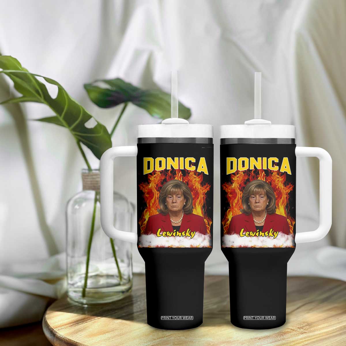 Donica Lewinsky Fire Trump Meme Tumbler With Handle Viral Scandal Parody Political Roast Vibes TS02 Print Your Wear