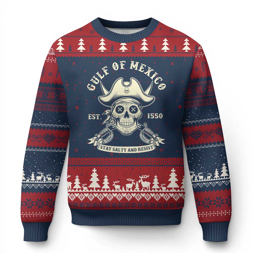 Gulf of Mexico Pirate Sugar Skull Ugly Christmas Sweater Est 1550 Stay Salty And Resist TS02 Navy Red Print Your Wear