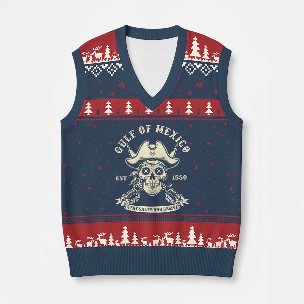 Gulf of Mexico Pirate Sugar Skull V-Neck Knit Sweater Vest Est 1550 Stay Salty And Resist TS02 Navy Red Print Your Wear