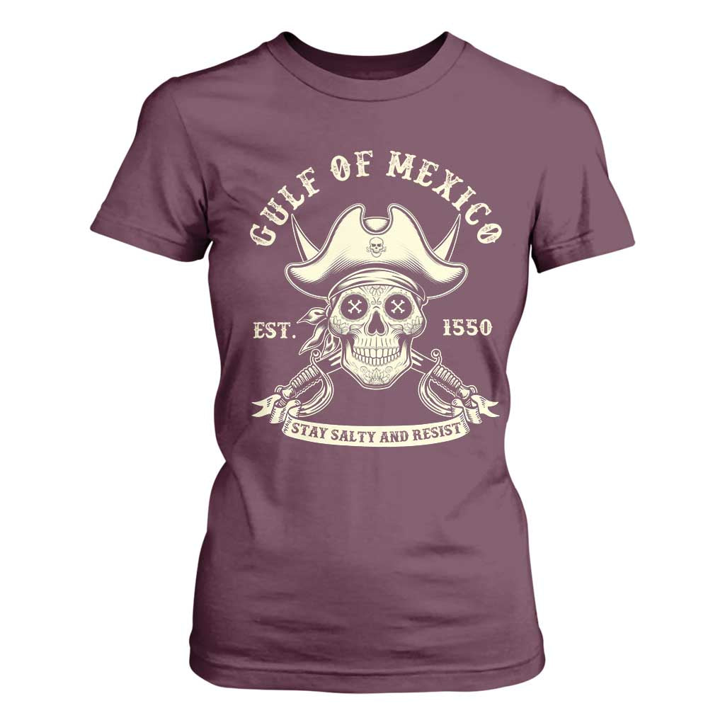 Gulf of Mexico Pirate Sugar Skull T Shirt For Women Est 1550 Stay Salty And Resist TS02 Maroon Print Your Wear
