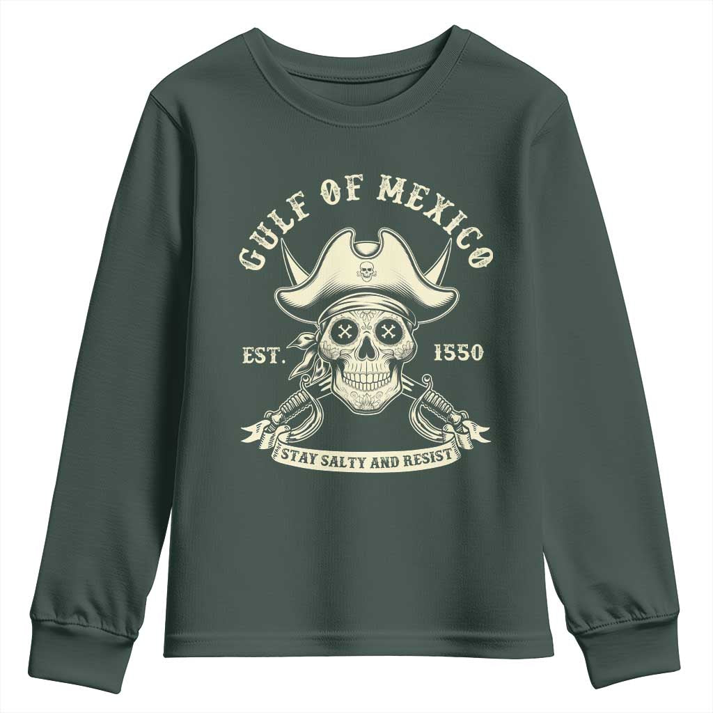 Gulf of Mexico Pirate Sugar Skull Youth Sweatshirt Est 1550 Stay Salty And Resist TS02 Dark Forest Green Print Your Wear