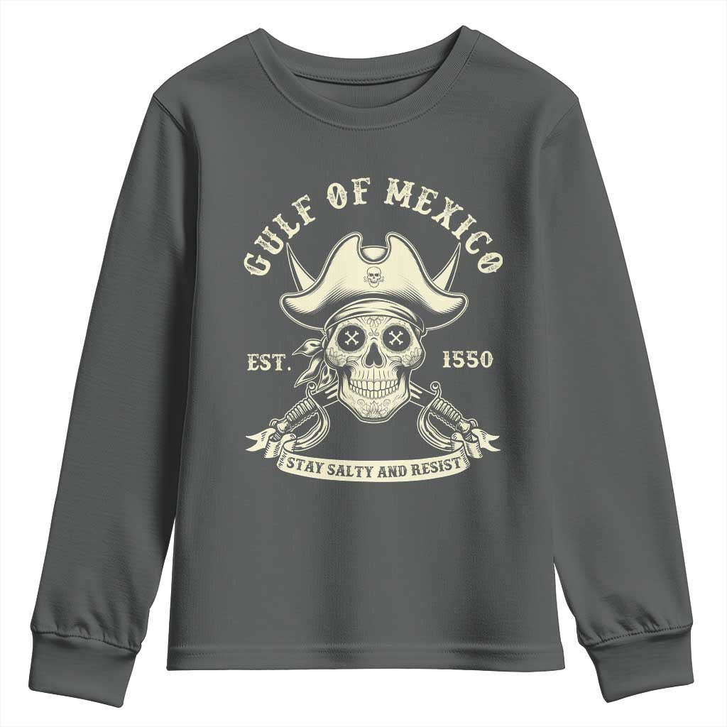 Gulf of Mexico Pirate Sugar Skull Youth Sweatshirt Est 1550 Stay Salty And Resist TS02 Dark Heather Print Your Wear