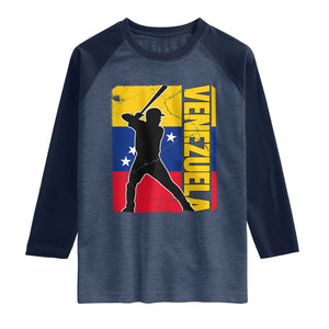 Venezuela Baseball Pride Vintage Flag Raglan Shirt Venezuelan Sports Fan Gift for Latino Beisbol Lovers TS02 Heather Denim Navy Print Your Wear