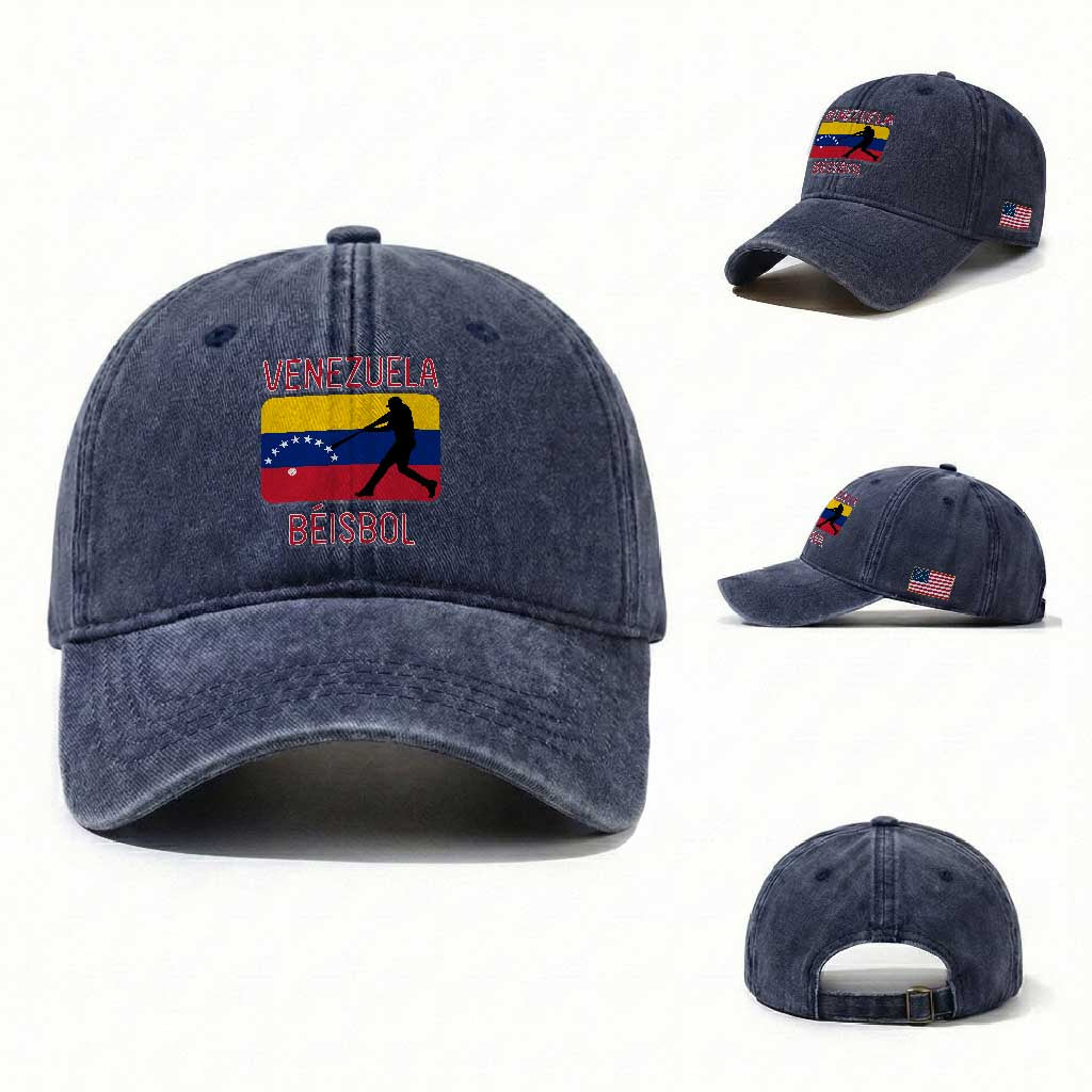 Venezuela Beisbol Flag Washed Cotton Baseball Cap Venezuelan Baseball Pride Latino Sports Fans TS02 Washed Cap Universal Fit Navy Print Your Wear