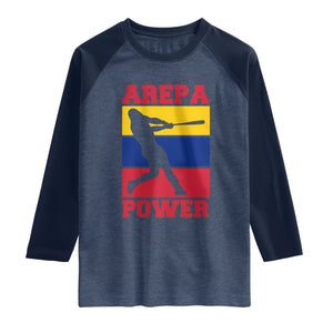 Arepa Power Venezuela Baseball Flag Raglan Shirt Funny Venezuelan Pride Gift for Beisbol Lovers TS02 Heather Denim Navy Print Your Wear