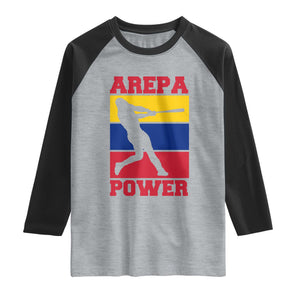 Arepa Power Venezuela Baseball Flag Raglan Shirt Funny Venezuelan Pride Gift for Beisbol Lovers TS02 Heather Gray Black Print Your Wear