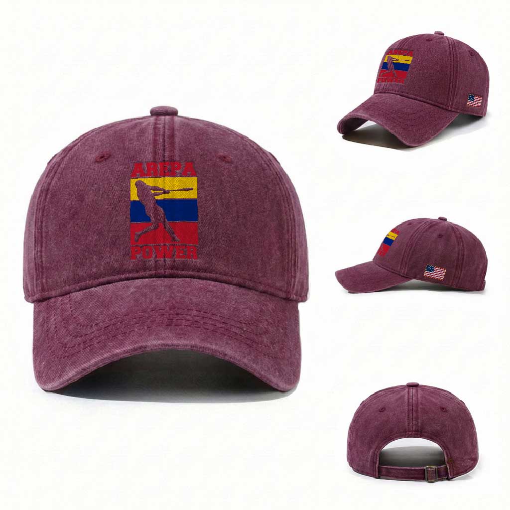 Arepa Power Venezuela Baseball Flag Washed Cotton Baseball Cap Funny Venezuelan Pride Gift for Beisbol Lovers TS02 Washed Cap Universal Fit Burgundy Print Your Wear