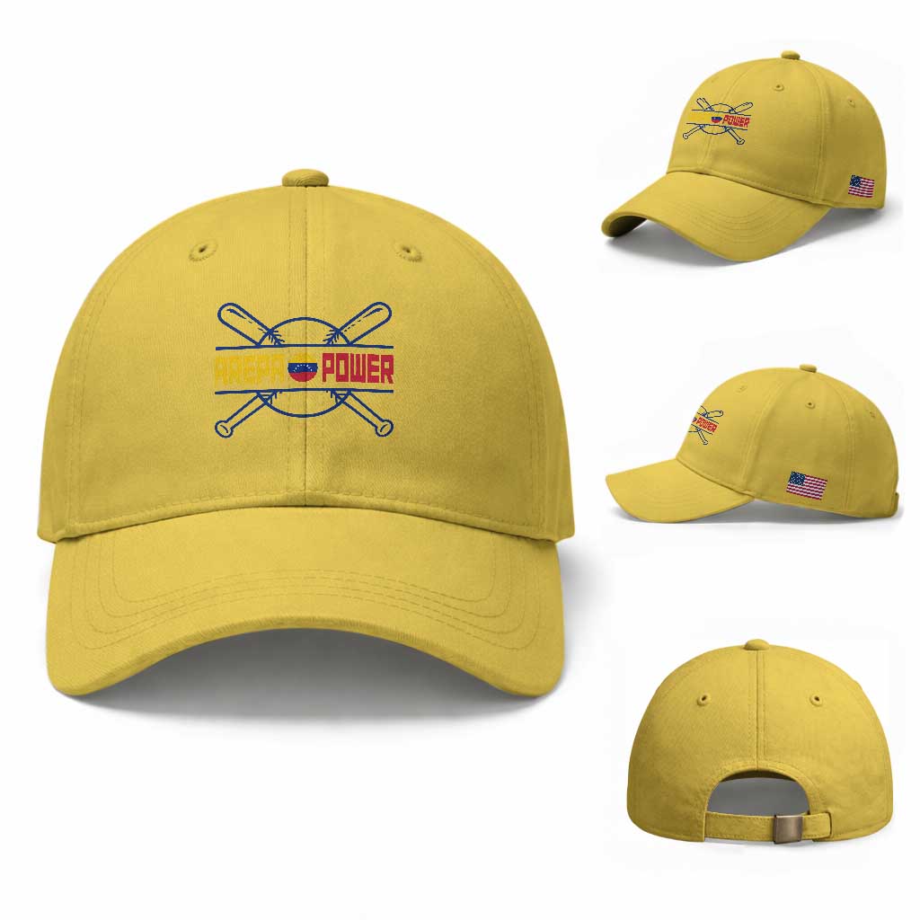 Arepa Power Baseball Crossed Bats Baseball Cap Funny Venezuelan Pride Gift for Latino Sports Fans TS02 Baseball Cap Universal Fit Yellow Print Your Wear
