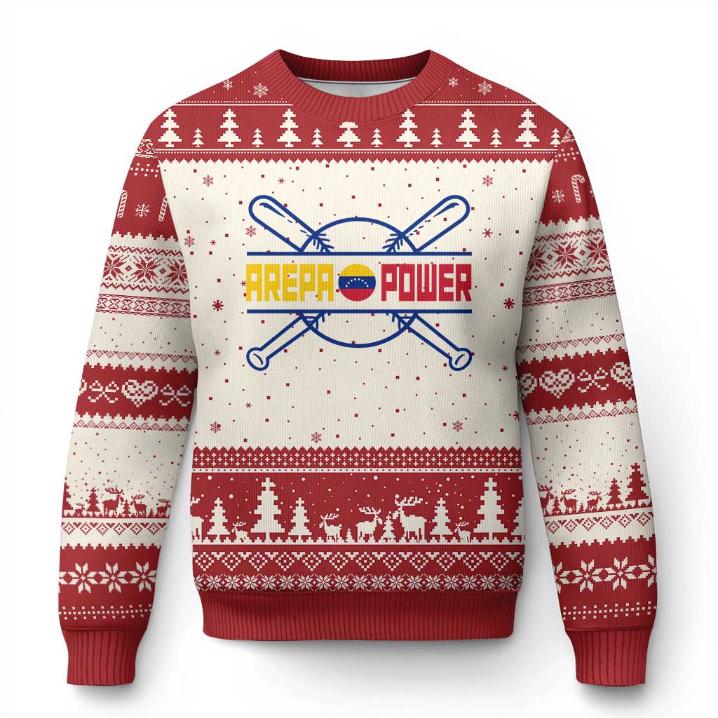 Arepa Power Baseball Crossed Bats Ugly Christmas Sweater Funny Venezuelan Pride Gift for Latino Sports Fans TS02 Beige Red Print Your Wear
