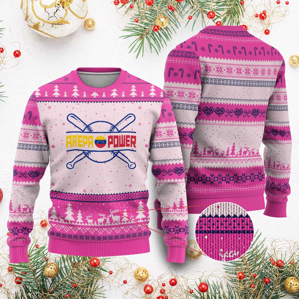 Arepa Power Baseball Crossed Bats Ugly Christmas Sweater Funny Venezuelan Pride Gift for Latino Sports Fans TS02 Hot Pink Print Your Wear