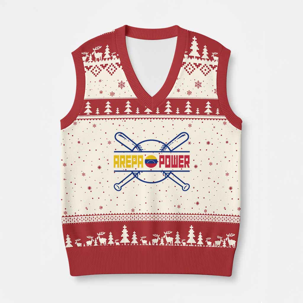 Arepa Power Baseball Crossed Bats V-Neck Knit Sweater Vest Funny Venezuelan Pride Gift for Latino Sports Fans TS02 Beige Red Print Your Wear