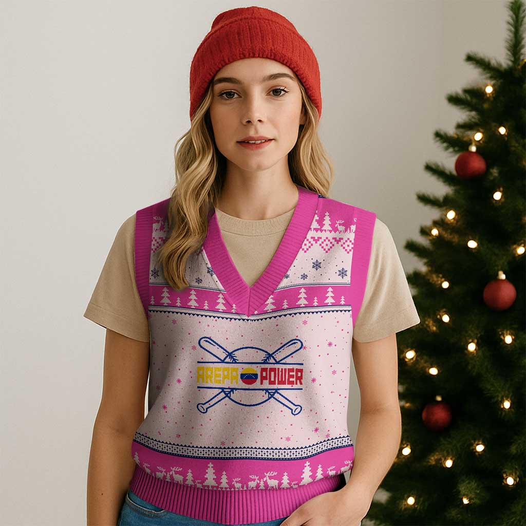 Arepa Power Baseball Crossed Bats V-Neck Knit Sweater Vest Funny Venezuelan Pride Gift for Latino Sports Fans TS02 Hot Pink Print Your Wear