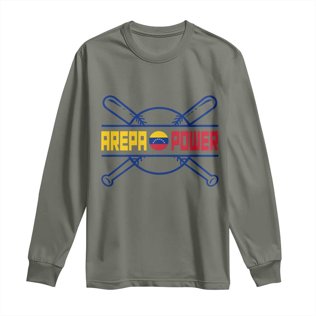Arepa Power Baseball Crossed Bats Long Sleeve Shirt Funny Venezuelan Pride Gift for Latino Sports Fans TS02 Military Green Print Your Wear