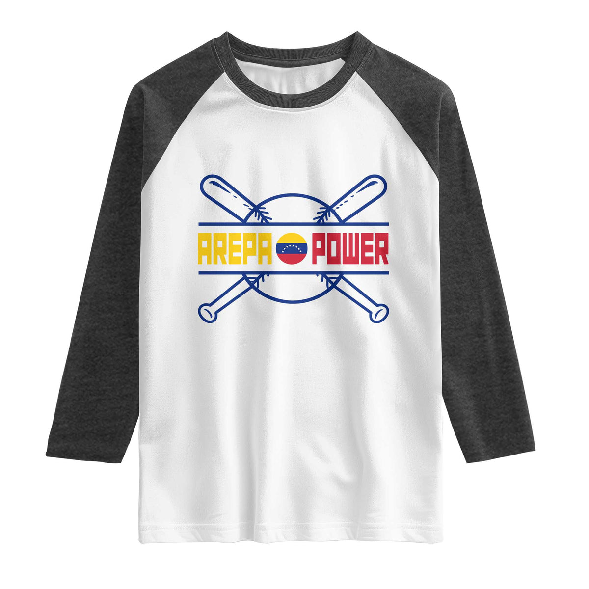 Arepa Power Baseball Crossed Bats Raglan Shirt Funny Venezuelan Pride Gift for Latino Sports Fans TS02 White Heather Charcoal Print Your Wear