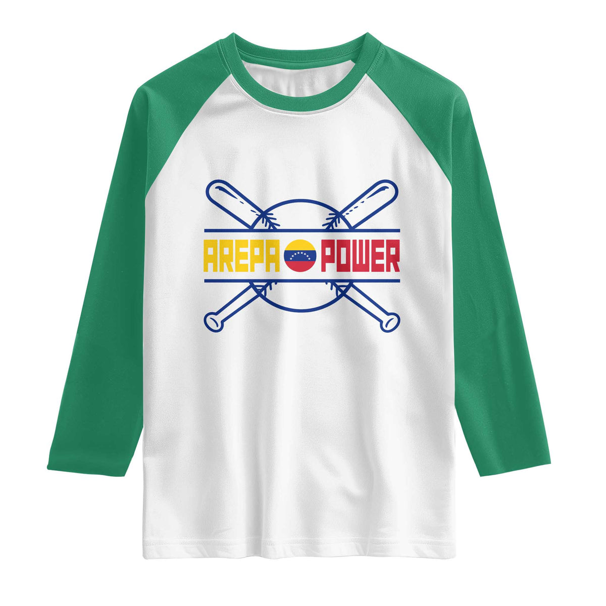 Arepa Power Baseball Crossed Bats Raglan Shirt Funny Venezuelan Pride Gift for Latino Sports Fans TS02 White Kelly Green Print Your Wear
