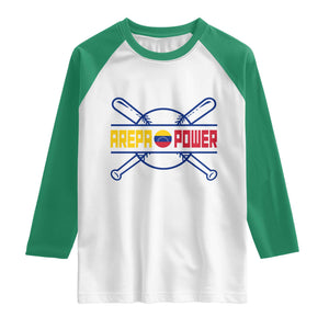 Arepa Power Baseball Crossed Bats Raglan Shirt Funny Venezuelan Pride Gift for Latino Sports Fans TS02 White Kelly Green Print Your Wear