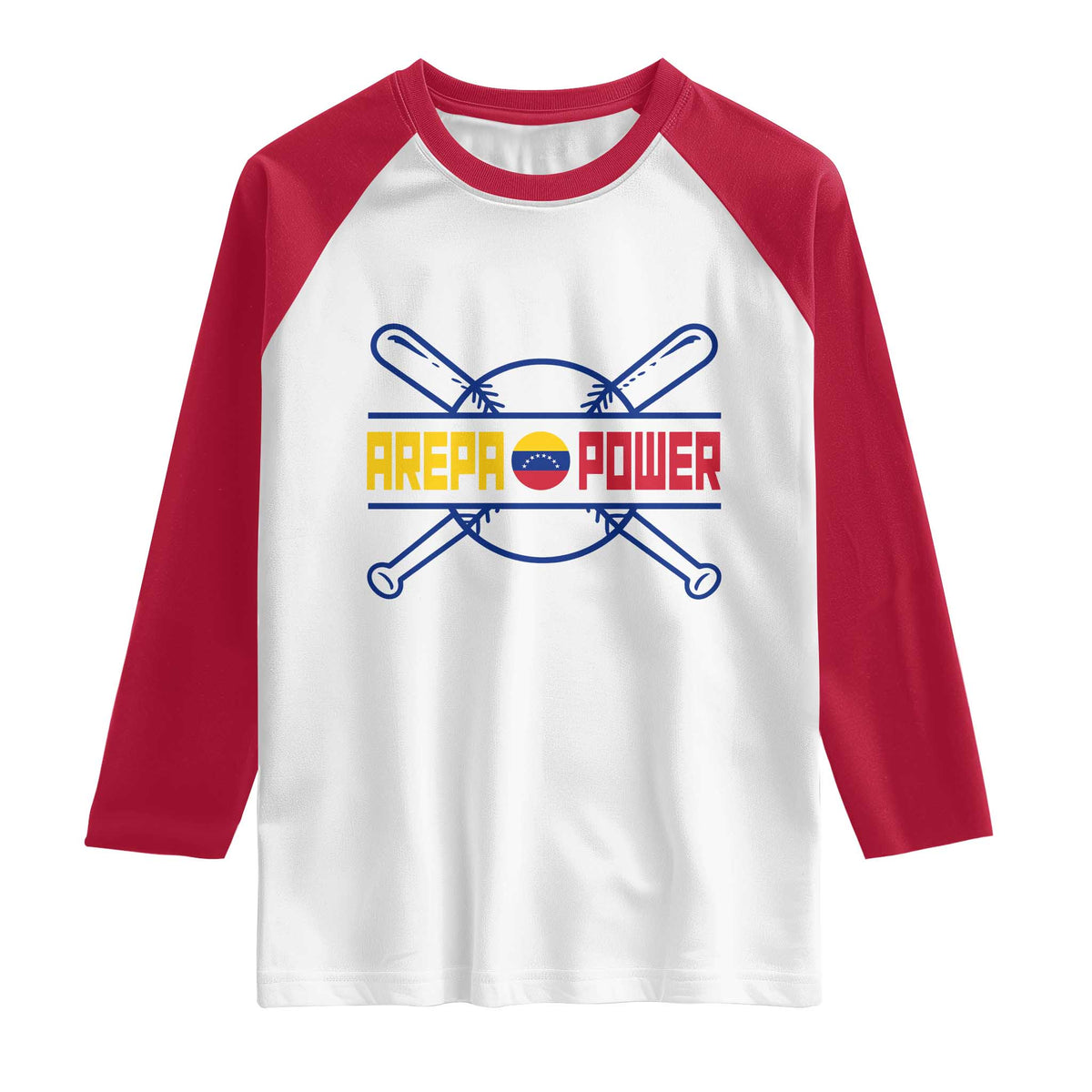 Arepa Power Baseball Crossed Bats Raglan Shirt Funny Venezuelan Pride Gift for Latino Sports Fans TS02 White Red Print Your Wear