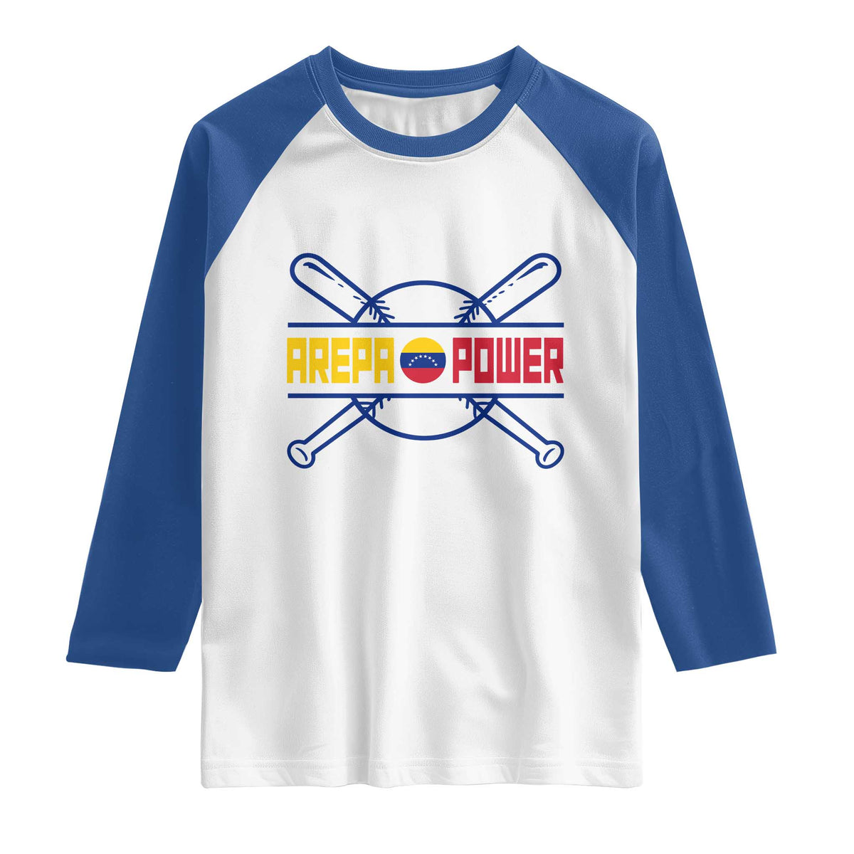 Arepa Power Baseball Crossed Bats Raglan Shirt Funny Venezuelan Pride Gift for Latino Sports Fans TS02 White Royal Print Your Wear