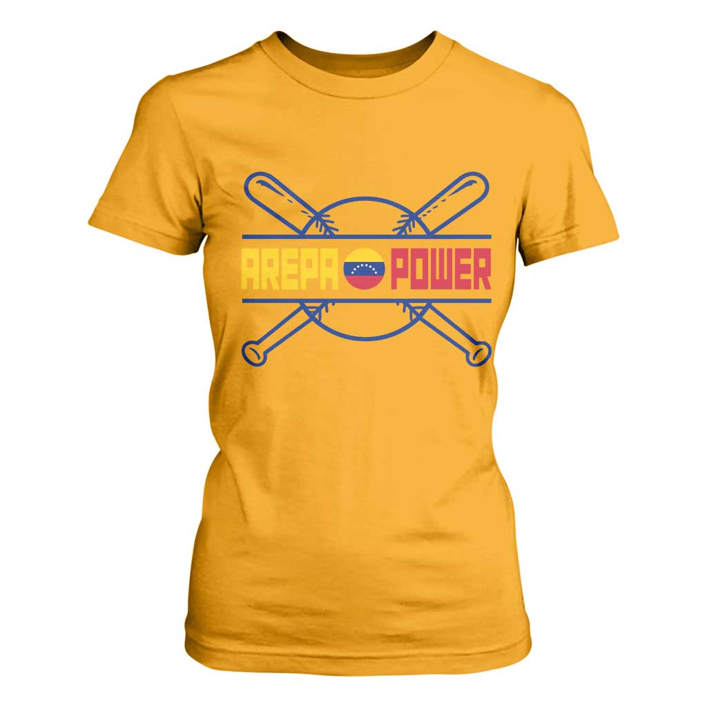 Arepa Power Baseball Crossed Bats T Shirt For Women Funny Venezuelan Pride Gift for Latino Sports Fans TS02 Gold Print Your Wear