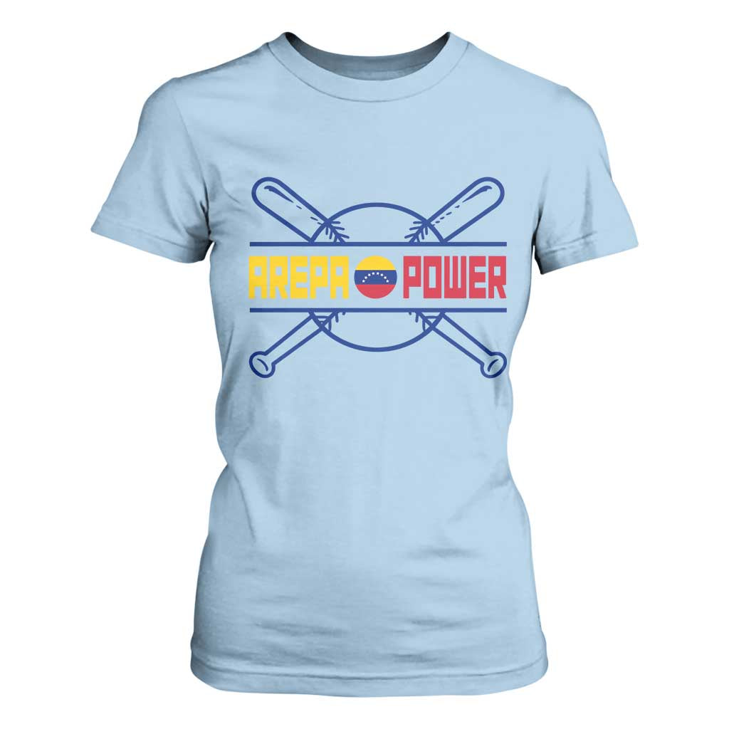 Arepa Power Baseball Crossed Bats T Shirt For Women Funny Venezuelan Pride Gift for Latino Sports Fans TS02 Light Blue Print Your Wear