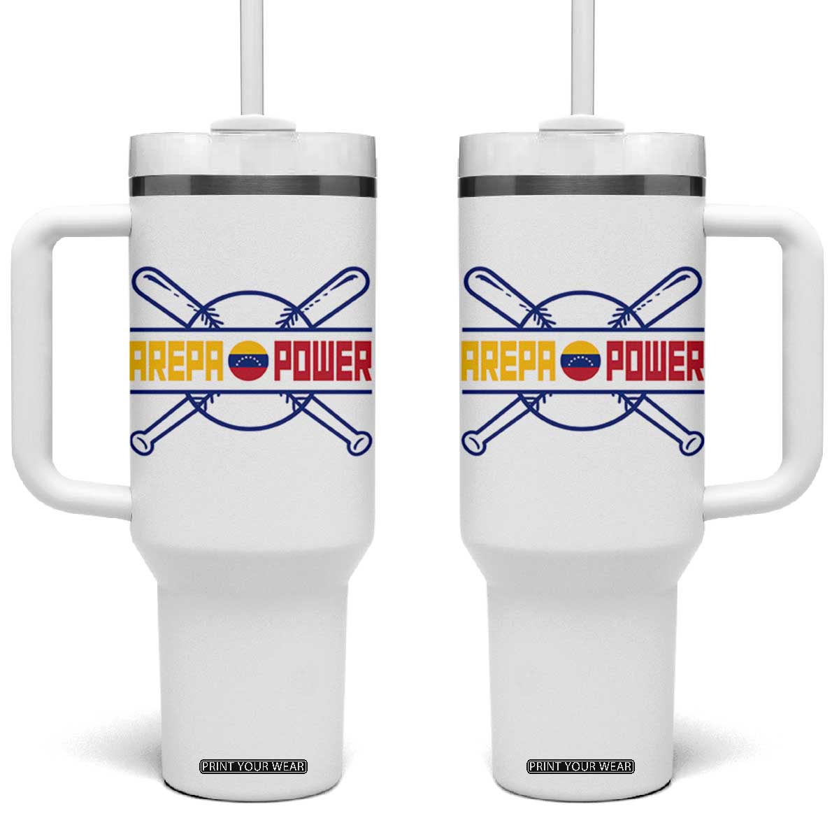 Arepa Power Baseball Crossed Bats Tumbler With Handle Funny Venezuelan Pride Gift for Latino Sports Fans TS02 One Size: 40 oz White Print Your Wear